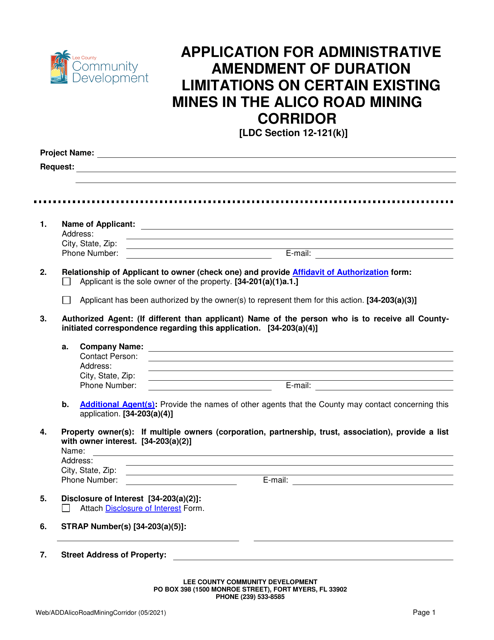 Application for Administrative Amendment of Duration Limitations on Certain Existing Mines in the Alico Road Mining Corridor - Lee County, Florida Download Pdf