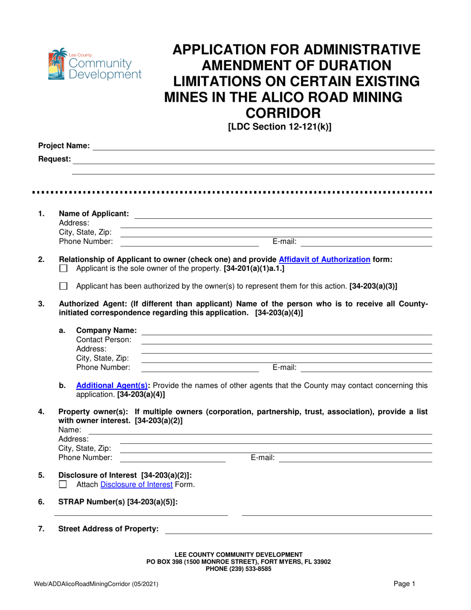 Application for Administrative Amendment of Duration Limitations on Certain Existing Mines in the Alico Road Mining Corridor - Lee County, Florida, Page 1