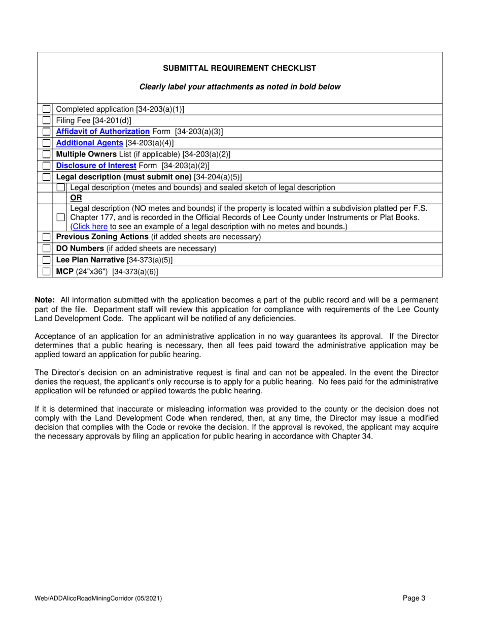Application for Administrative Amendment of Duration Limitations on Certain Existing Mines in the Alico Road Mining Corridor - Lee County, Florida, Page 3