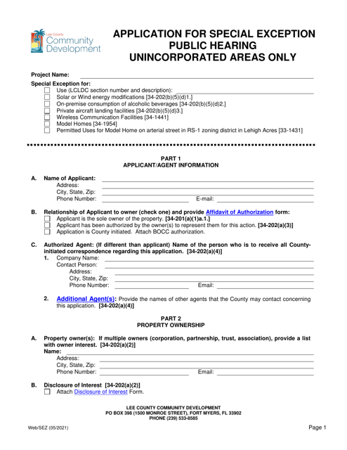 Application for Special Exception Public Hearing - Lee County, Florida Download Pdf