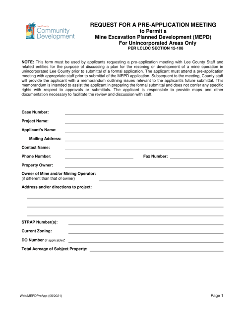 Request for a Pre-application Meeting to Permit a Mine Excavation Planned Development (Mepd) - Lee County, Florida Download Pdf