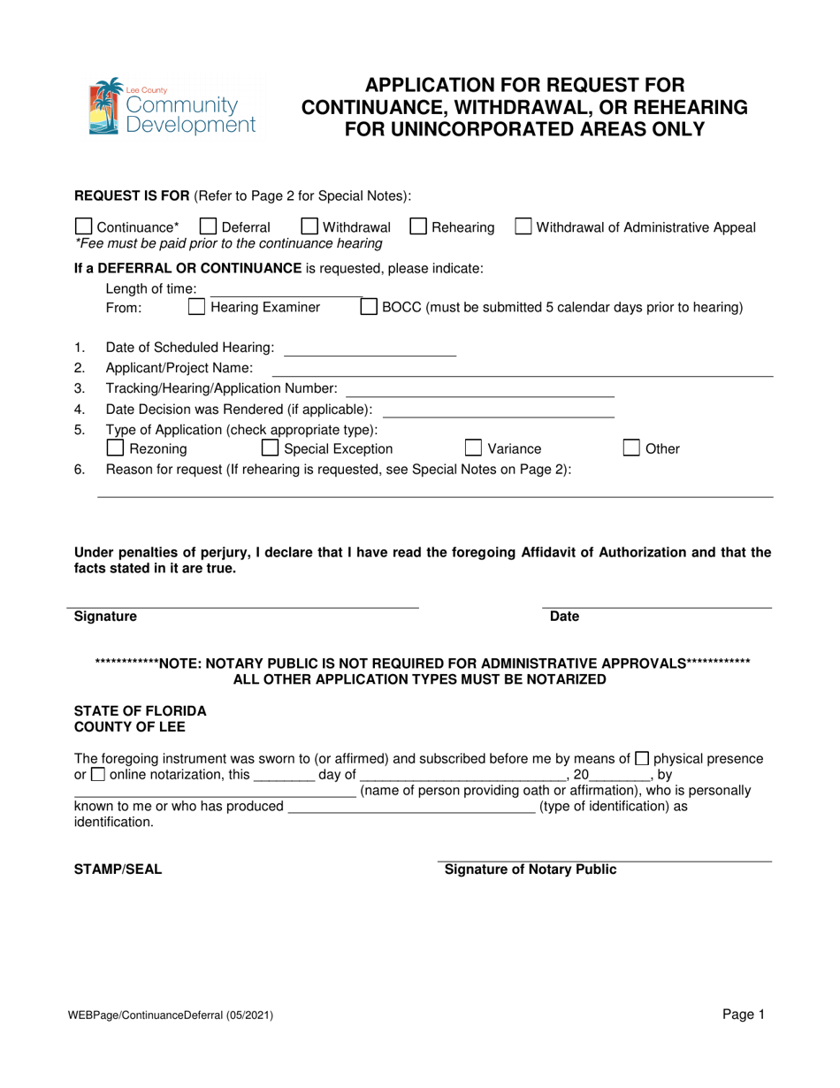 Application for Request for Continuance, Withdrawal, or Rehearing - Lee County, Florida, Page 1