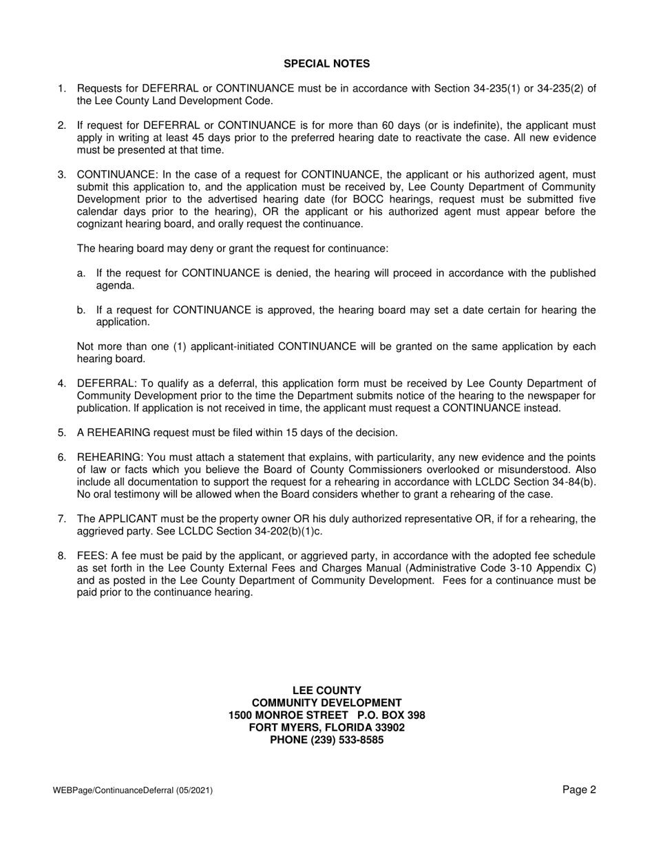 Application for Request for Continuance, Withdrawal, or Rehearing - Lee County, Florida, Page 2
