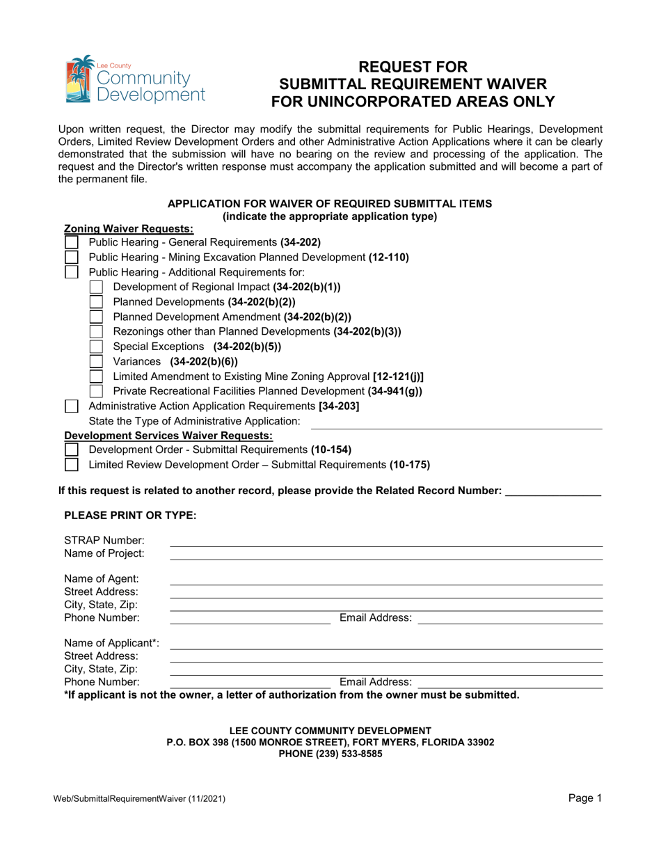 Request for Submittal Requirement Waiver - Lee County, Florida, Page 1