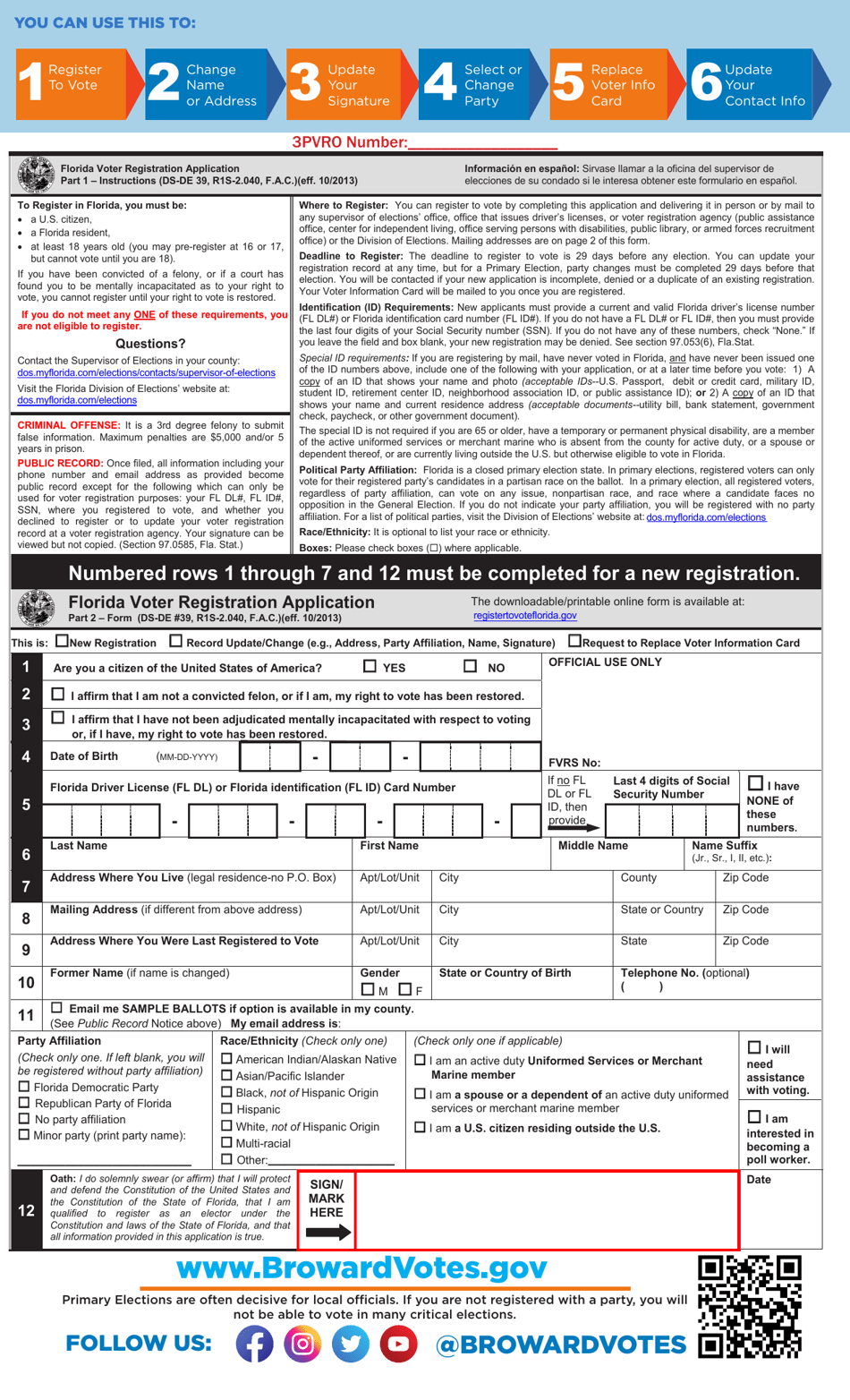 Voter Registration Form for the Third Party Voter Registration Organizations - Broward County, Florida, Page 1