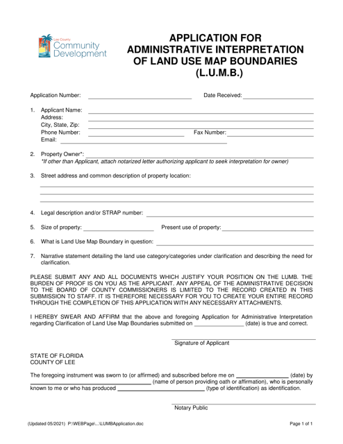 Application for Administrative Interpretation of Land Use Map Boundaries (L.u.m.b.) - Lee County, Florida Download Pdf