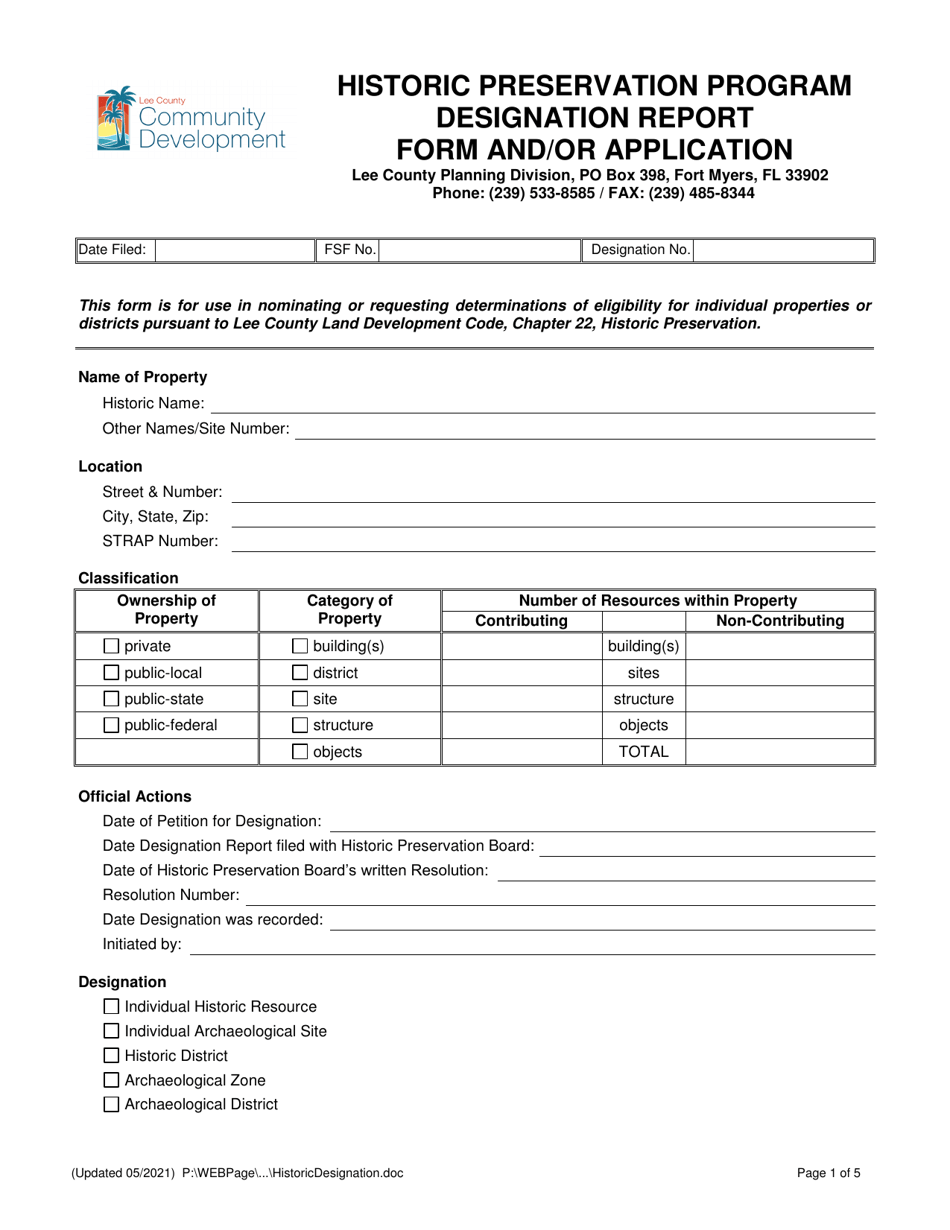 Designation Report Form and / or Application - Historic Preservation Program - Lee County, Florida, Page 1