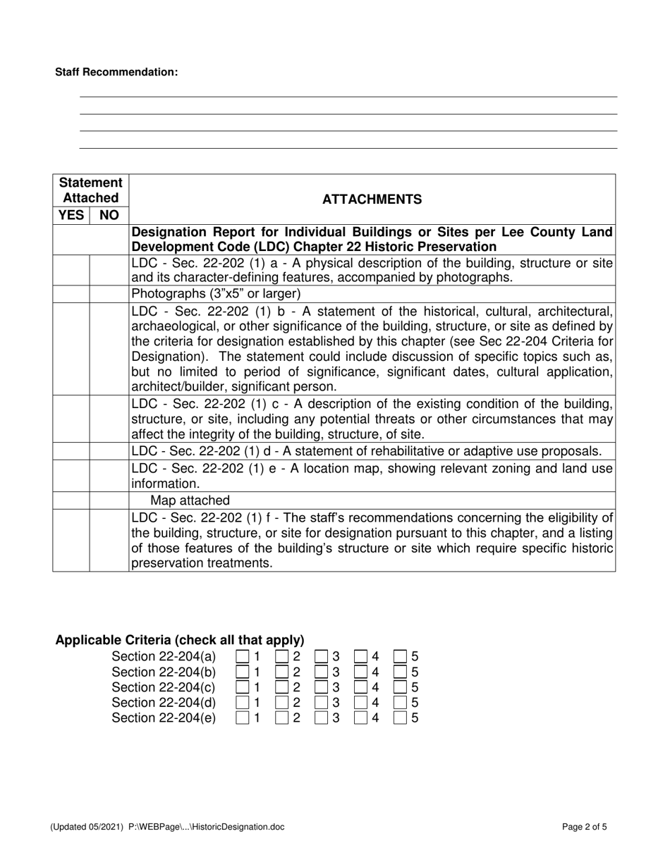 Designation Report Form and / or Application - Historic Preservation Program - Lee County, Florida, Page 2