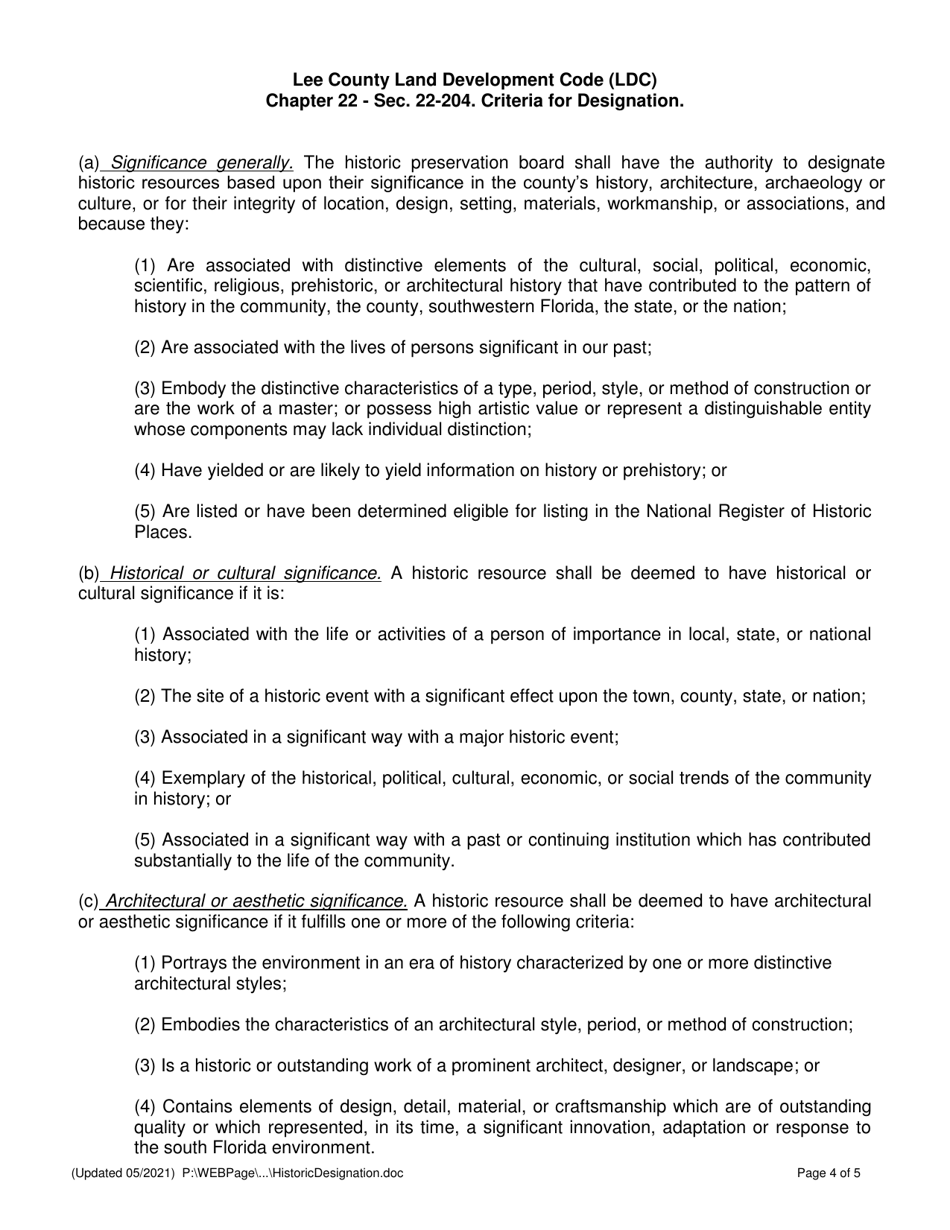 Designation Report Form and / or Application - Historic Preservation Program - Lee County, Florida, Page 4