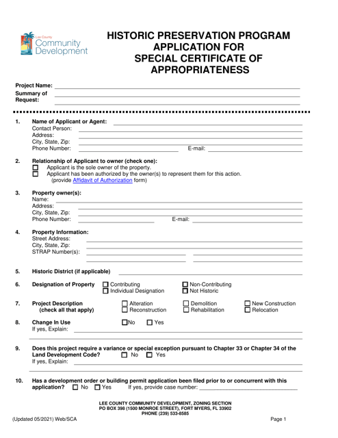 Application for Special Certificate of Appropriateness - Historic Preservation Program - Lee County, Florida Download Pdf