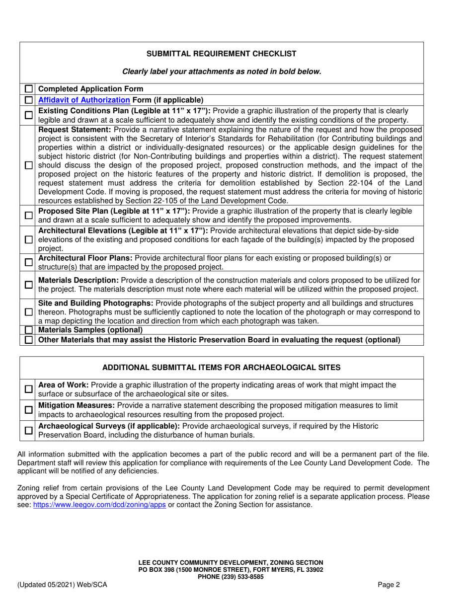 Application for Special Certificate of Appropriateness - Historic Preservation Program - Lee County, Florida, Page 2