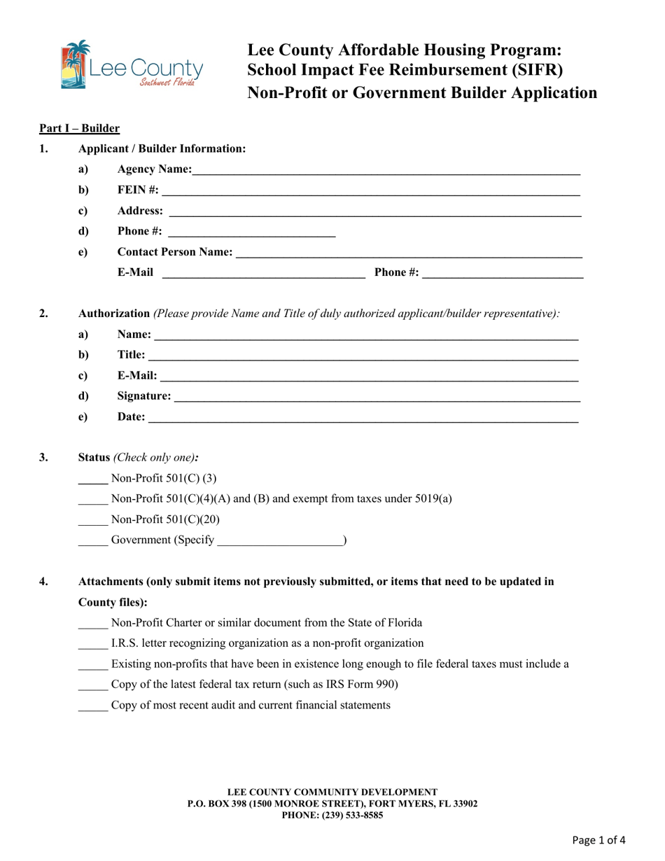 School Impact Fee Reimbursement (Sifr) Non-profit or Government Builder Application - Lee County Affordable Housing Program - Lee County, Florida, Page 1