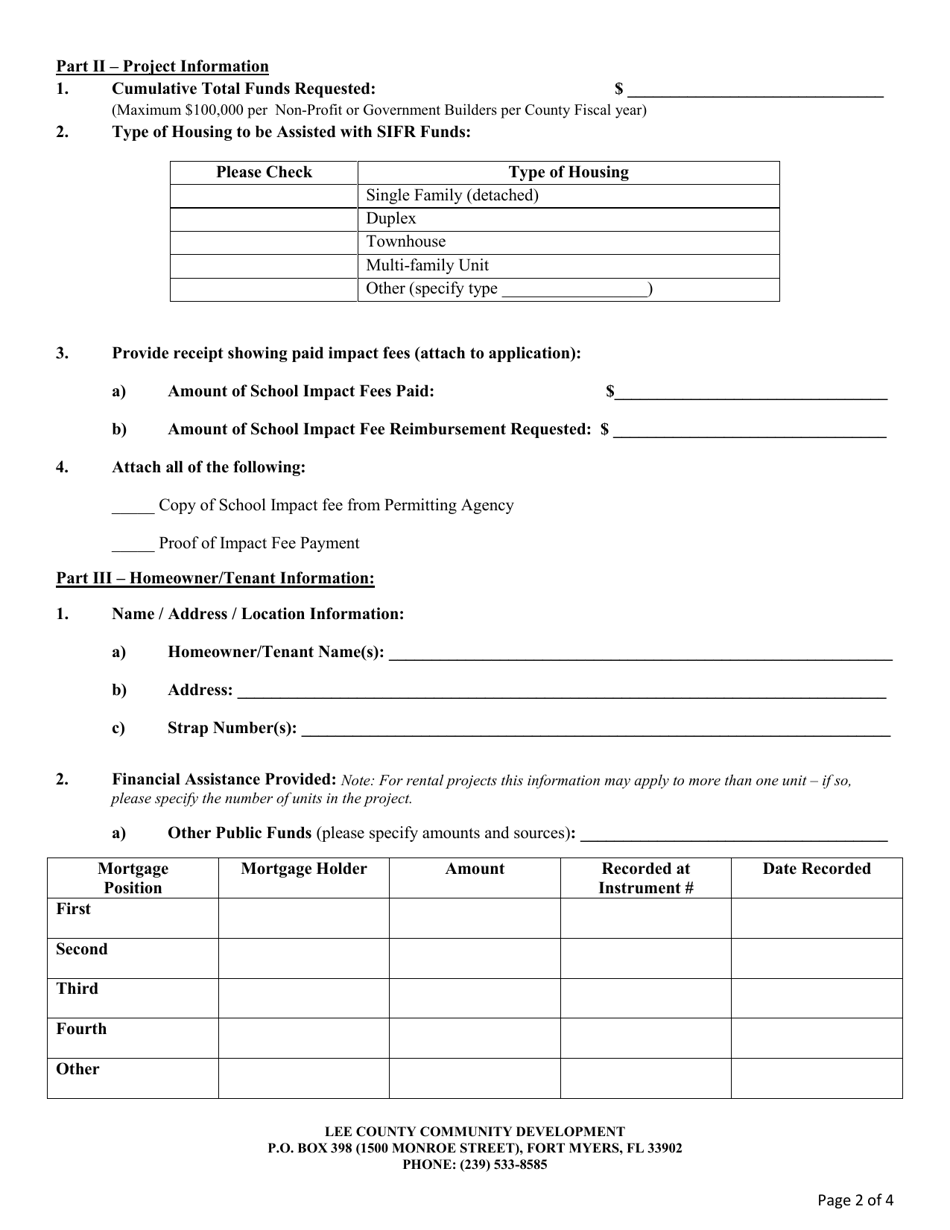 School Impact Fee Reimbursement (Sifr) Non-profit or Government Builder Application - Lee County Affordable Housing Program - Lee County, Florida, Page 2
