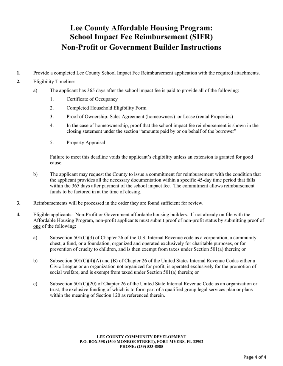 School Impact Fee Reimbursement (Sifr) Non-profit or Government Builder Application - Lee County Affordable Housing Program - Lee County, Florida, Page 4