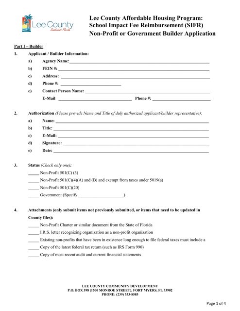 School Impact Fee Reimbursement (Sifr) Non-profit or Government Builder Application - Lee County Affordable Housing Program - Lee County, Florida Download Pdf