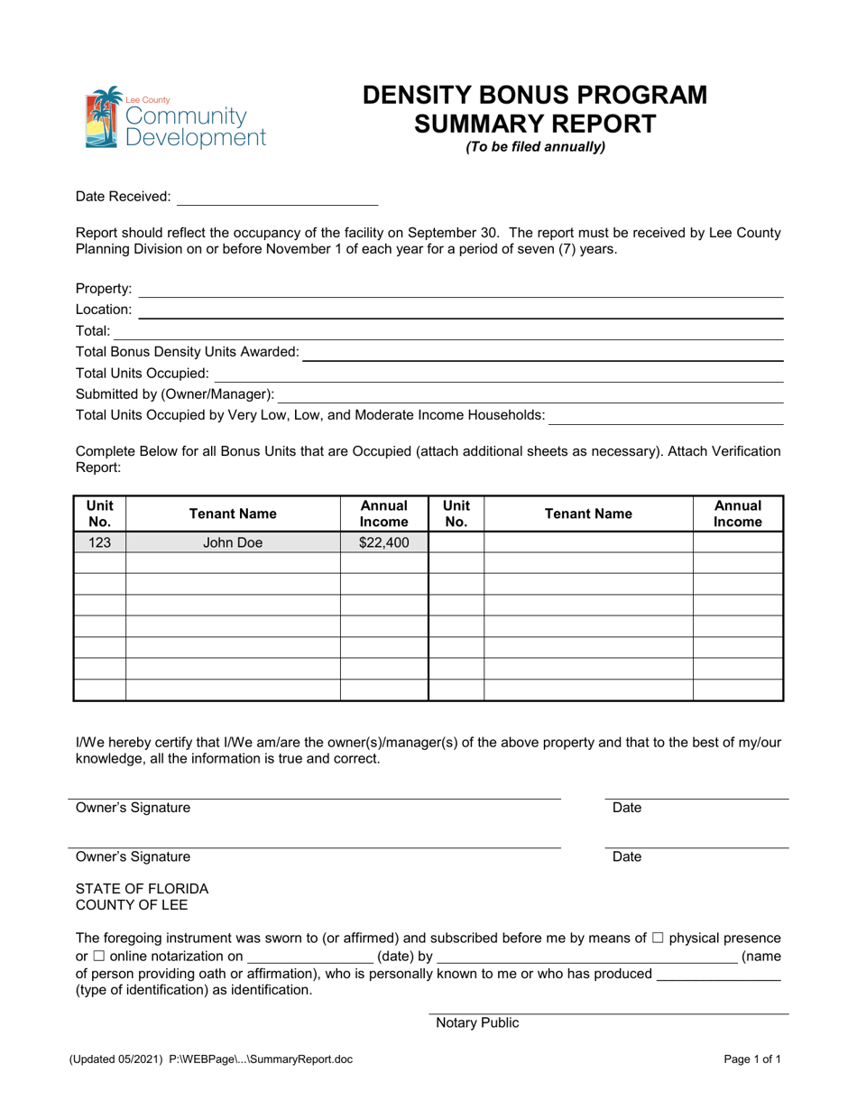 Lee County, Florida Summary Report Density Bonus Program Fill Out