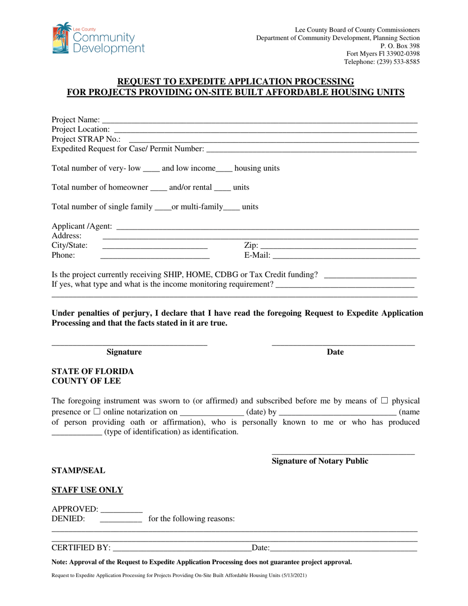 Request to Expedite Application Processing for Projects Providing on-Site Built Affordable Housing Units - Lee County, Florida, Page 1