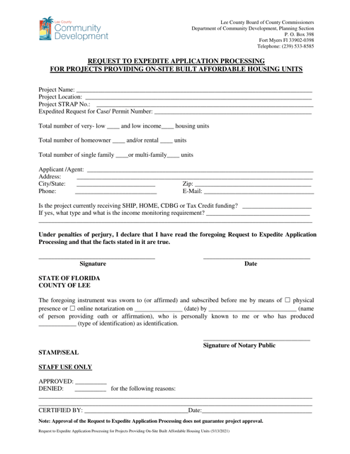 Request to Expedite Application Processing for Projects Providing on-Site Built Affordable Housing Units - Lee County, Florida Download Pdf