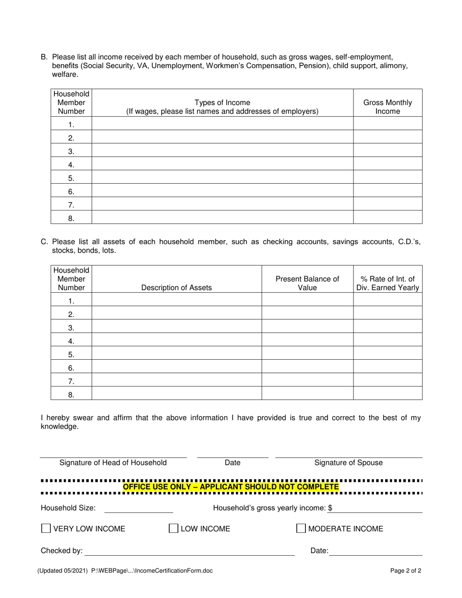 Income Certification Form - Density Bonus Program - Lee County, Florida, Page 2