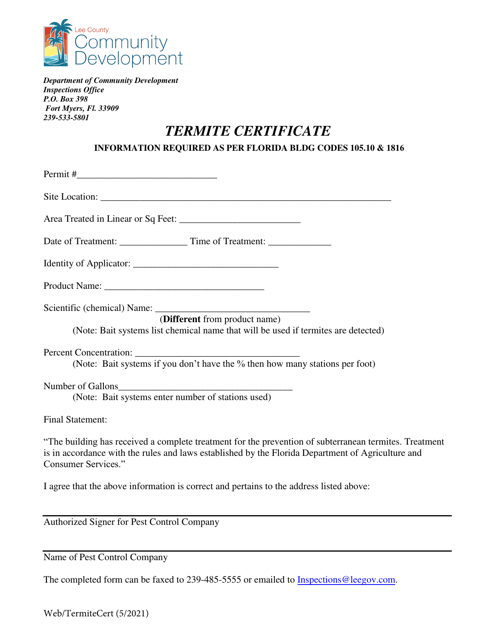 Termite Certificate - Lee County, Florida Download Pdf