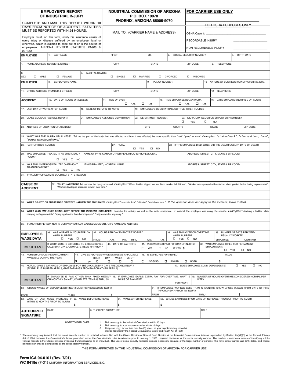Form 04-0101 Employers Report of Industrial Injury Form - Arizona, Page 1