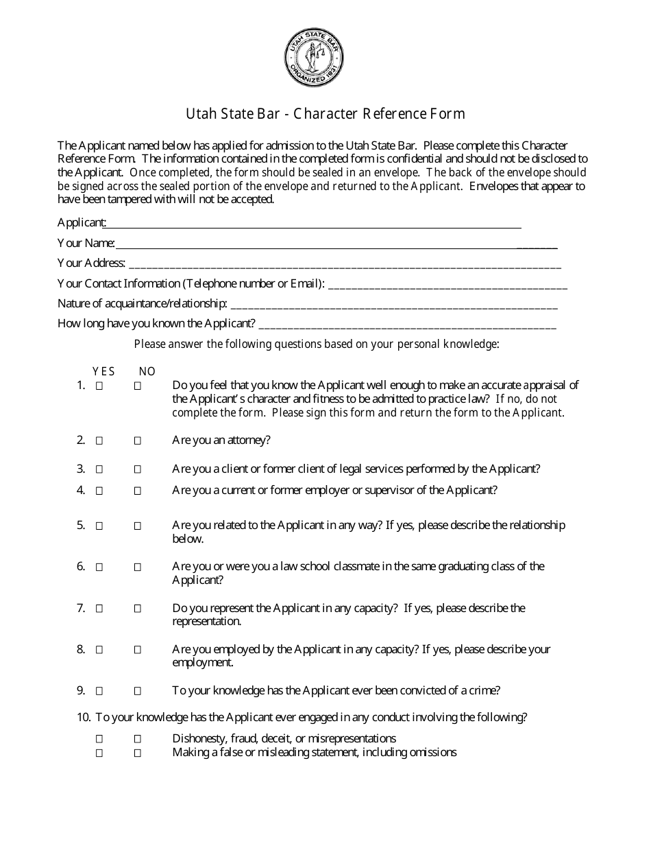 Character Reference Form - Utah, Page 1