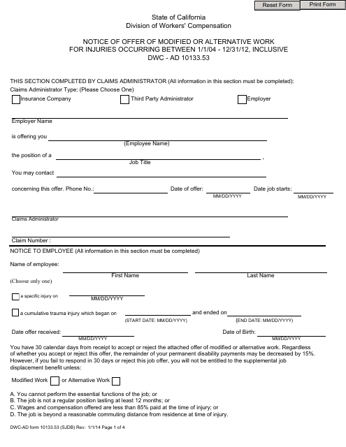 DWC-AD Form 10133.53 Notice of Offer of Modified or Alternative Work for Injuries Occurring Between 1/1/04 - 12/31/12, Inclusive DWC - Ad 10133.53 - California