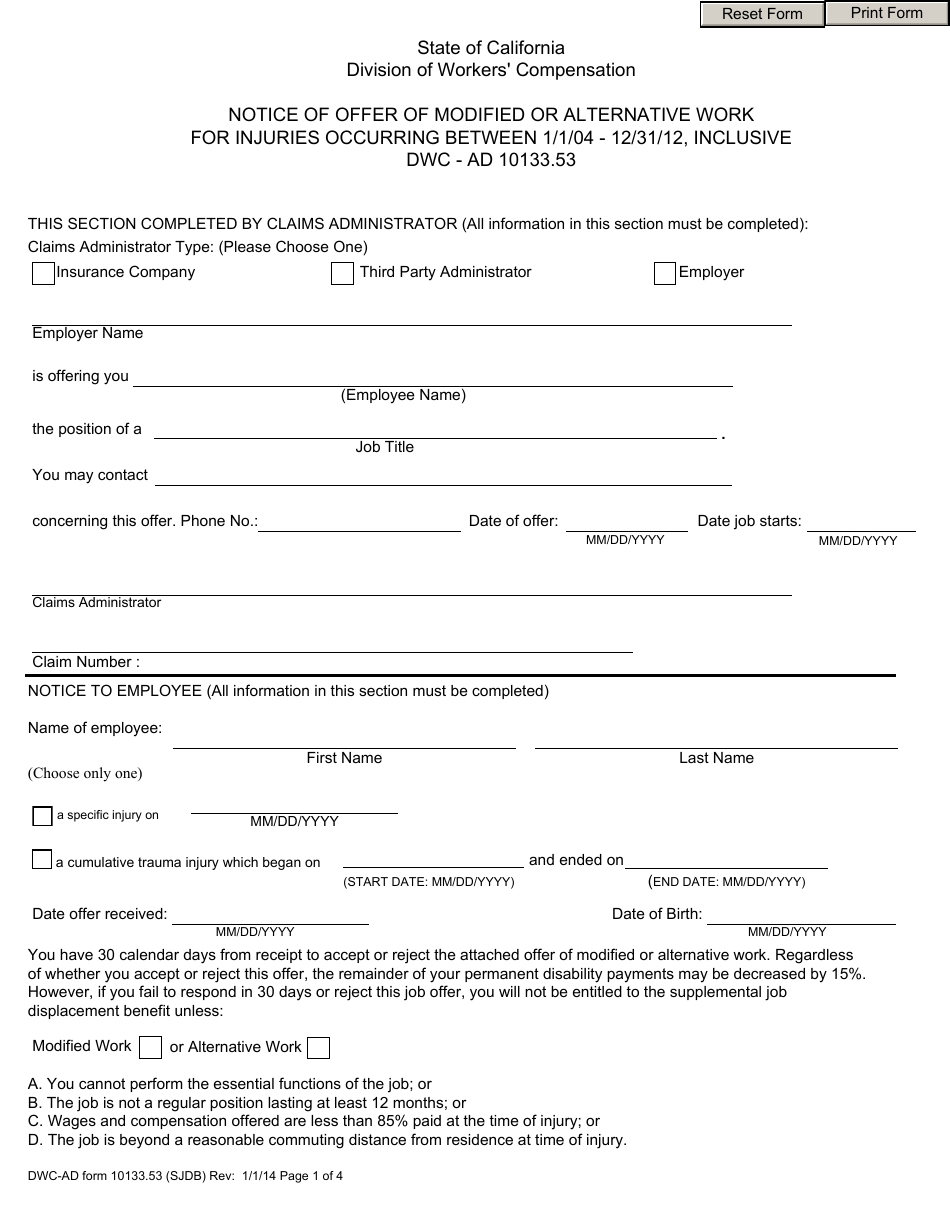 DWC-AD Form 10133.53 Notice of Offer of Modified or Alternative Work for Injuries Occurring Between 1 / 1 / 04 - 12 / 31 / 12, Inclusive DWC - Ad 10133.53 - California, Page 1