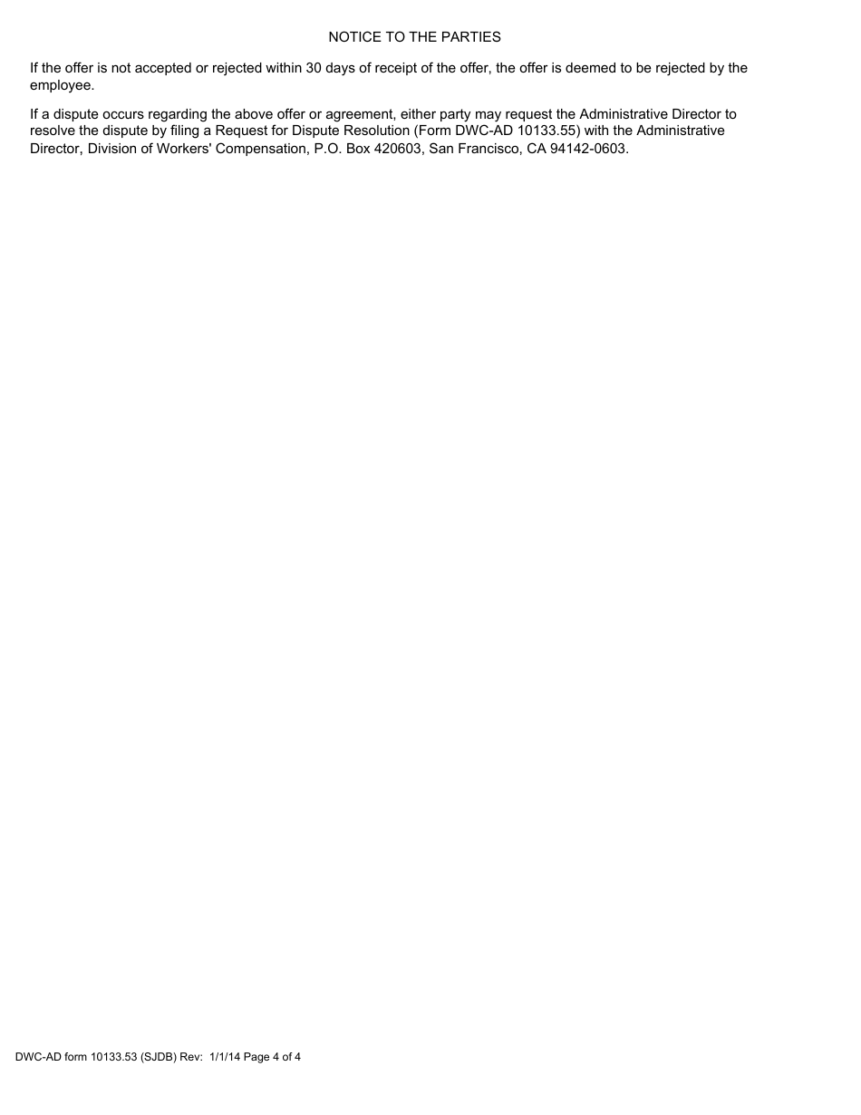 DWC-AD Form 10133.53 Notice of Offer of Modified or Alternative Work for Injuries Occurring Between 1 / 1 / 04 - 12 / 31 / 12, Inclusive DWC - Ad 10133.53 - California, Page 4