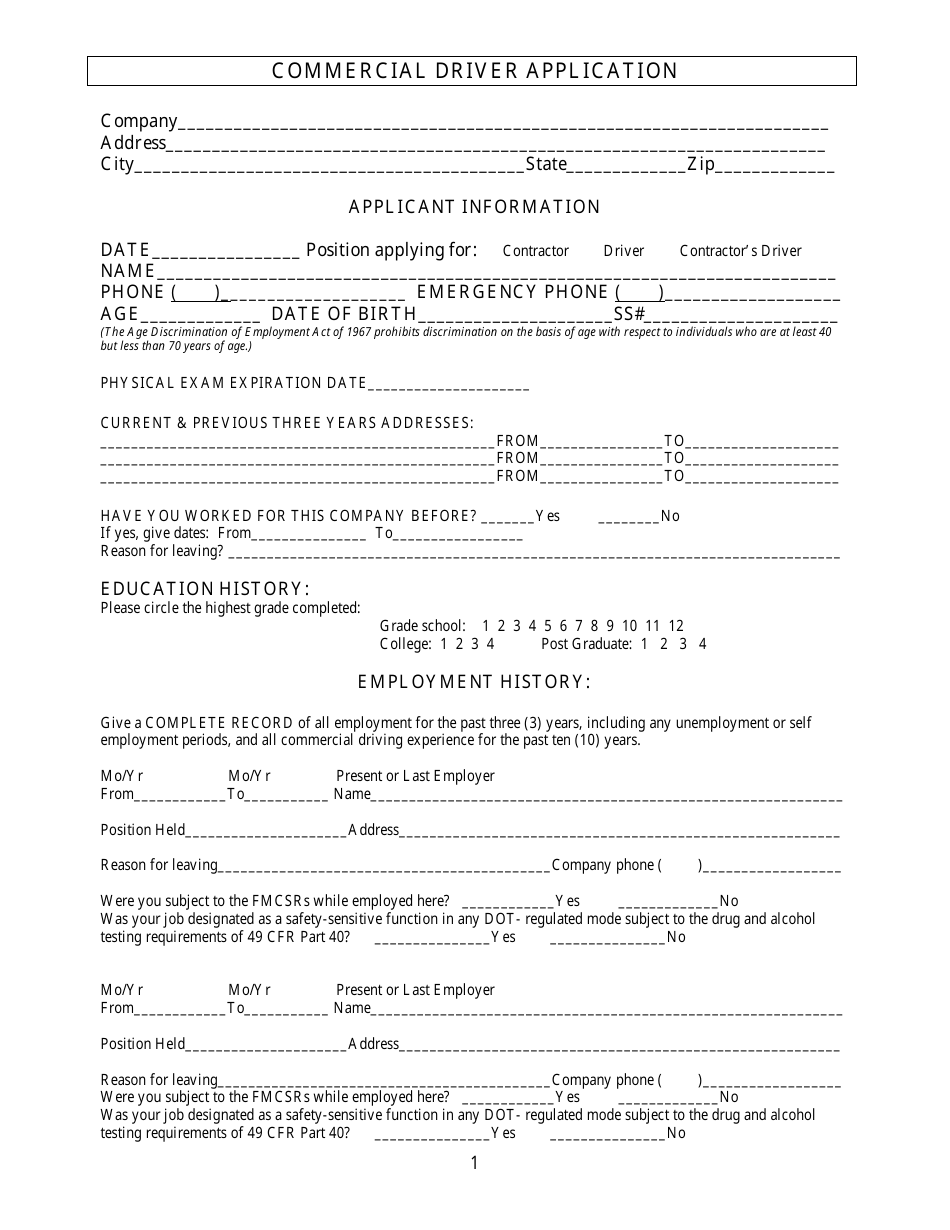 Commercial Driver Application Form - Washington, Page 1