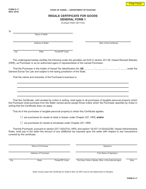 General Form 1 (G-17) Resale Certificate for Goods - Hawaii