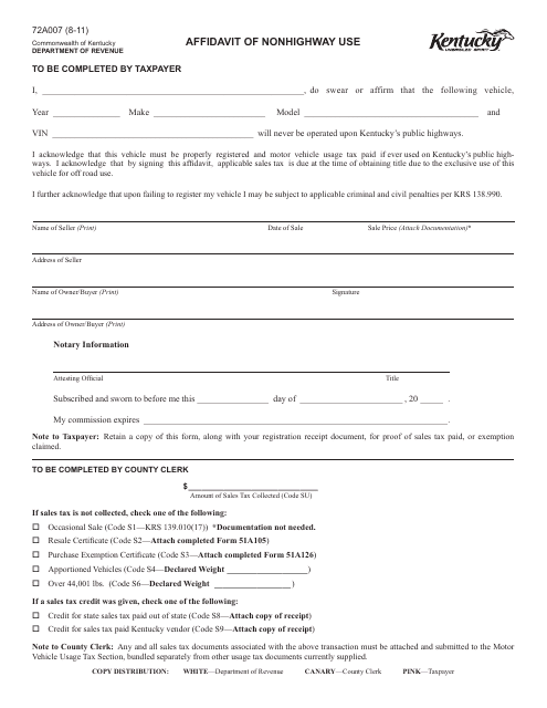 Form 72A007 Affidavit of Nonhighway Use - Kentucky