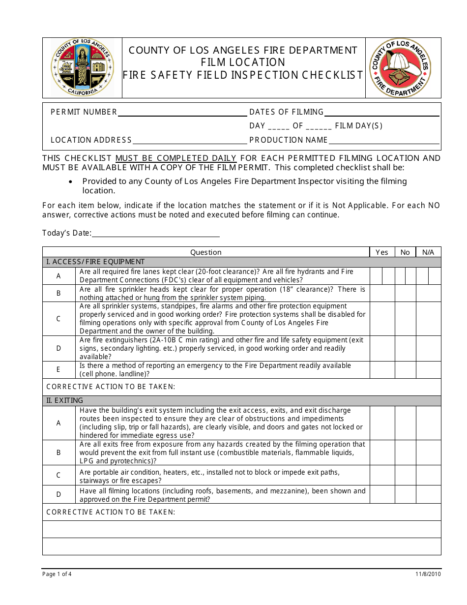 Fire Safety Field Inspection Checklist - Los Angeles County, California, Page 1