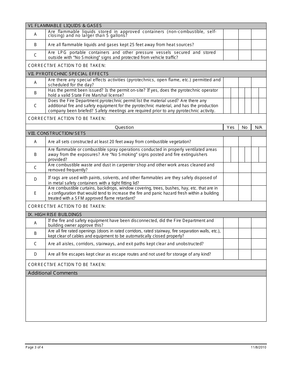 Fire Safety Field Inspection Checklist - Los Angeles County, California, Page 3