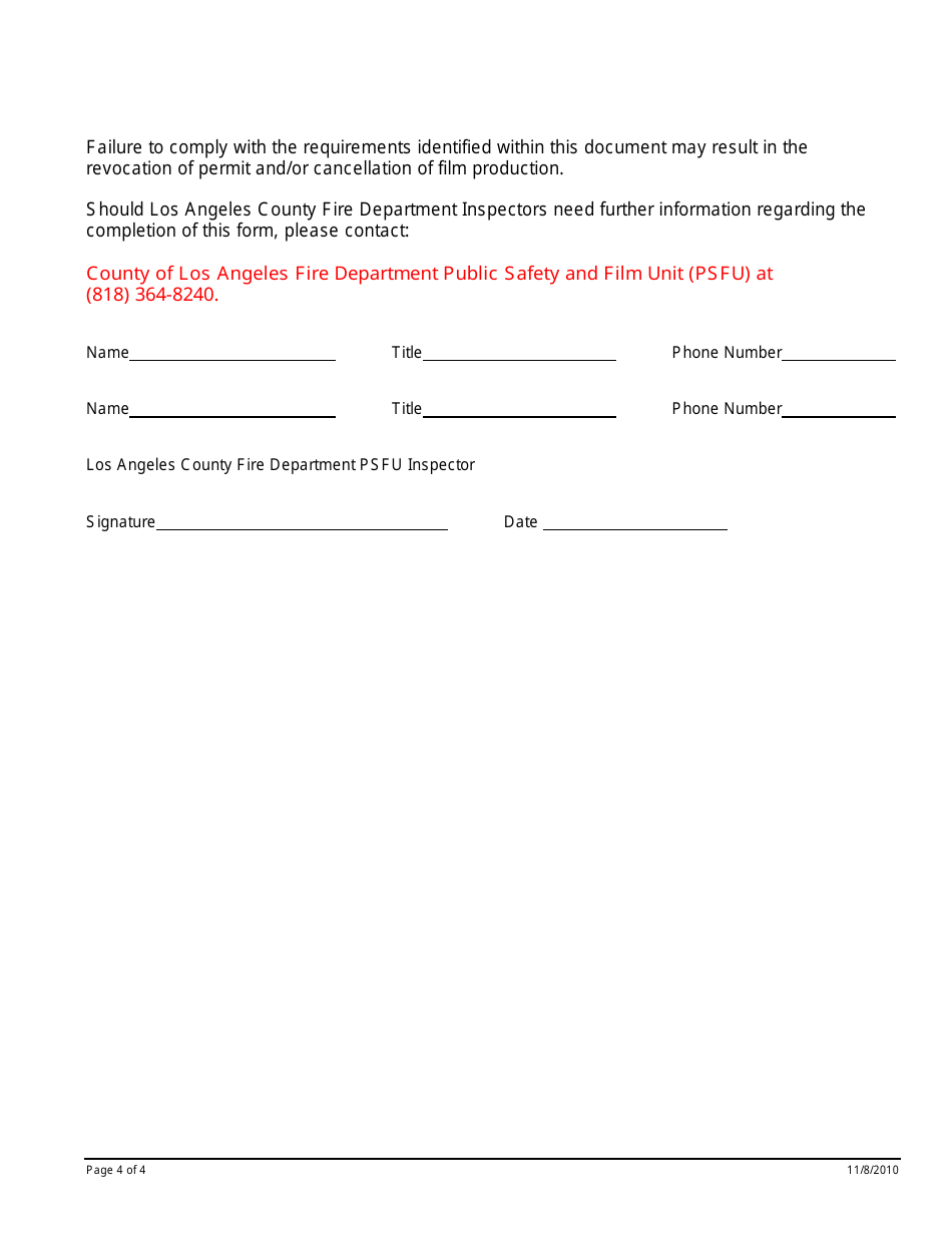 Fire Safety Field Inspection Checklist - Los Angeles County, California, Page 4