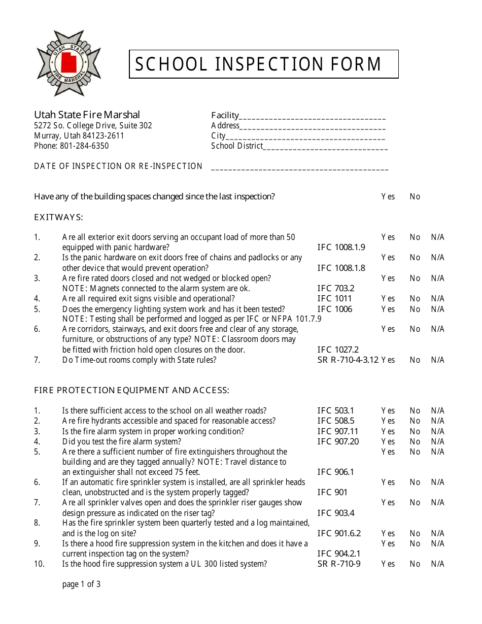 School Inspection Form - Utah, Page 1