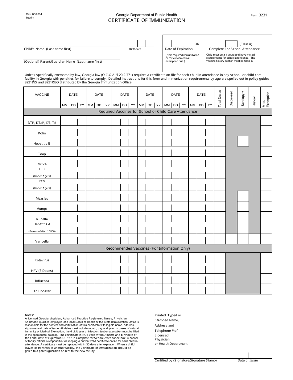 Form 3231 Certificate of Immunization - Georgia (United States), Page 1