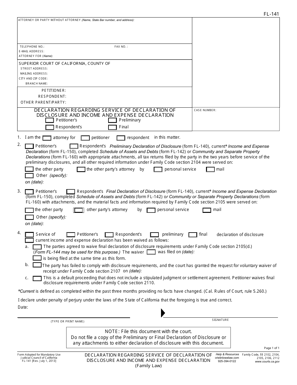 Form FL-141 Declaration Regarding Service of Declaration of Disclosure and Income and Expense Declaration - California, Page 1