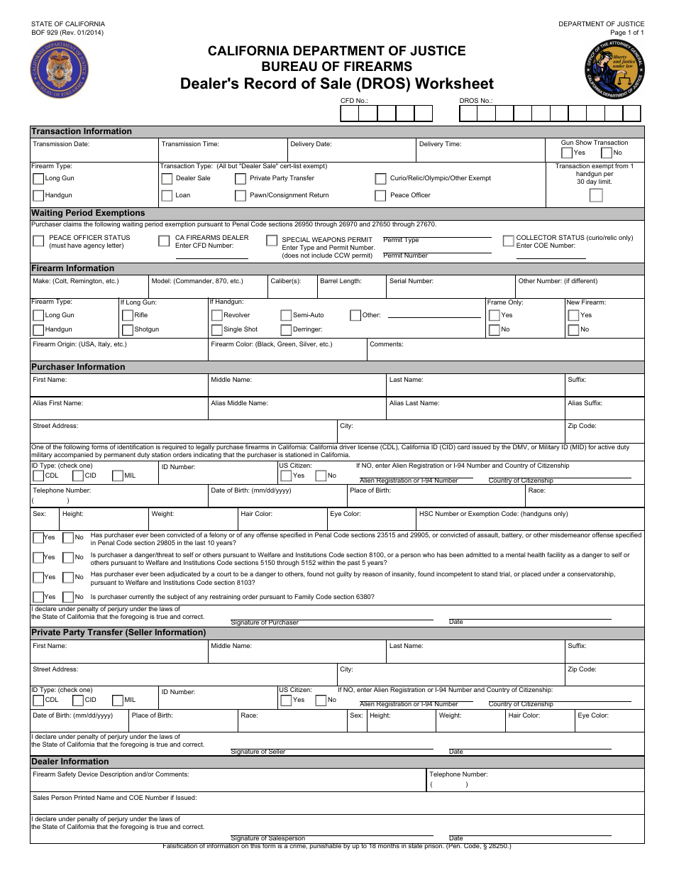 Form BOF929 Dealers Record of Sale (Dros) Worksheet - California, Page 1