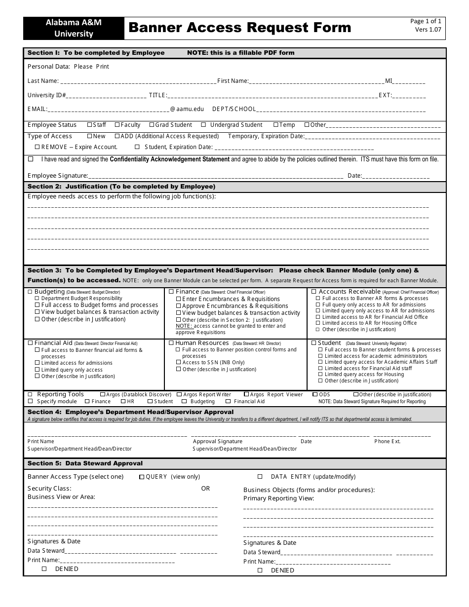 Banner Access Request Form - Alabama am University, Page 1