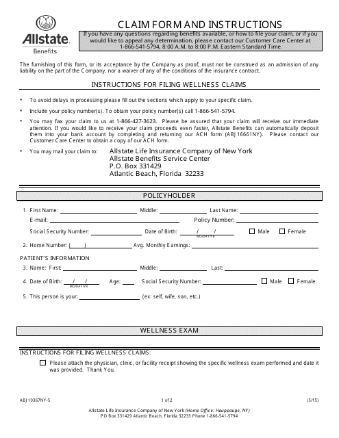 Form ABJ10367NY 5 Download Printable PDF Wellness Claim Form 