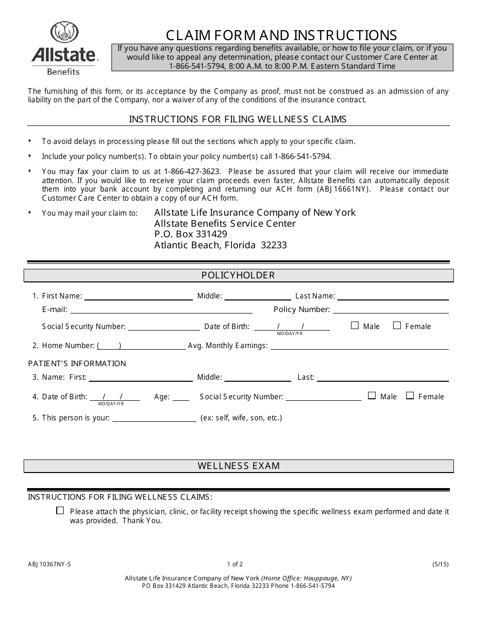 Form ABJ10367NY-5 Wellness Claim Form - Allstate - Florida, Page 1