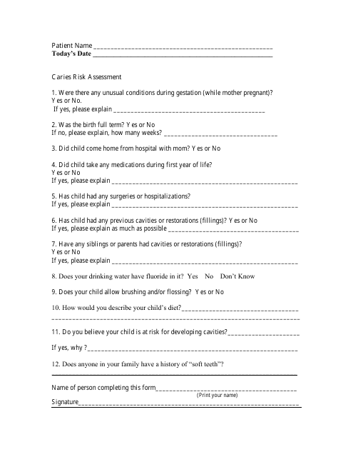 Caries Risk Assessment Questionnaire Template - Image Preview