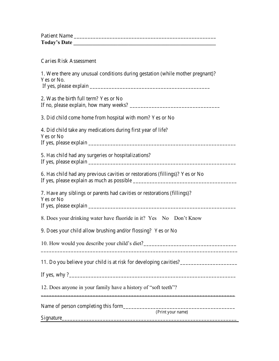 Caries Risk Assessment Questionnaire Template - Image Preview