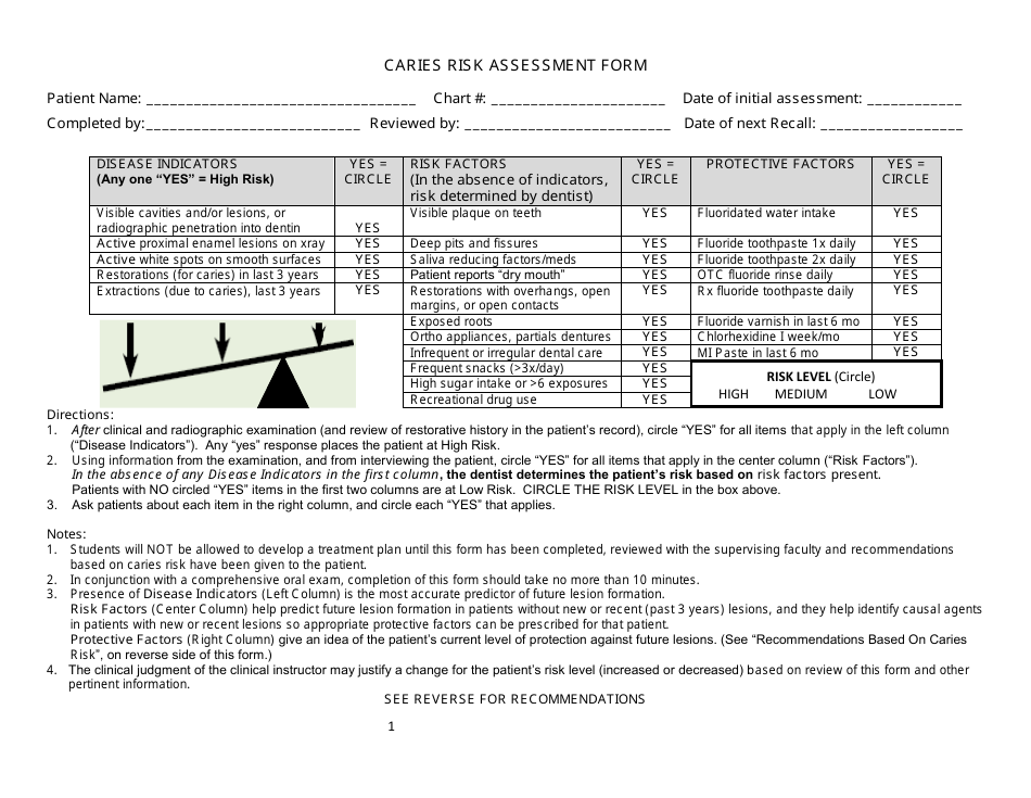 Caries Risk Assessment Form, Page 1