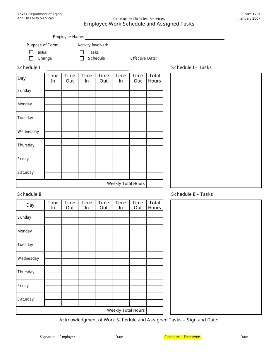 Form 1731 Employee Work Schedule and Assigned Tasks Form - Texas, Page 1