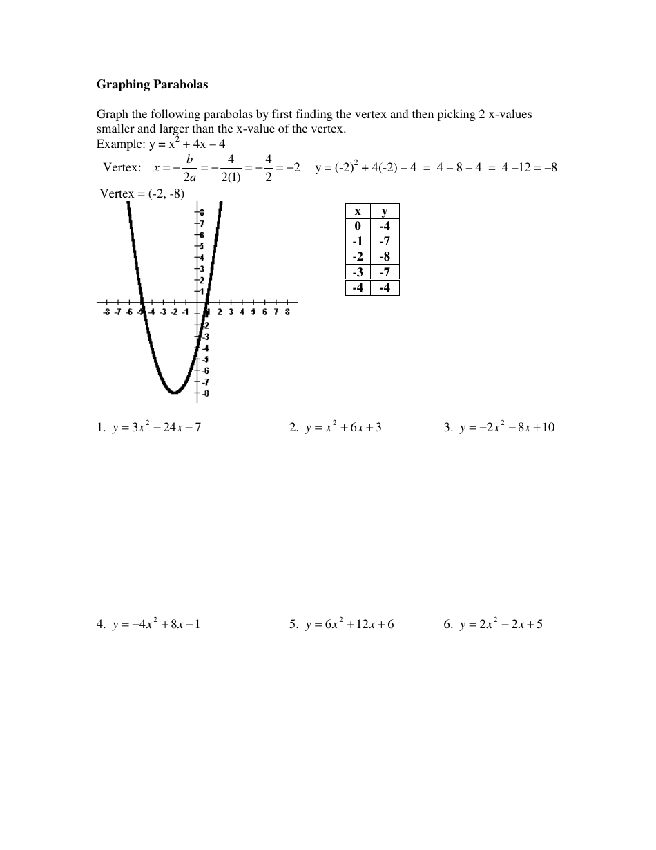 Graphing Parabolas in Standard Form Worksheet, Page 1