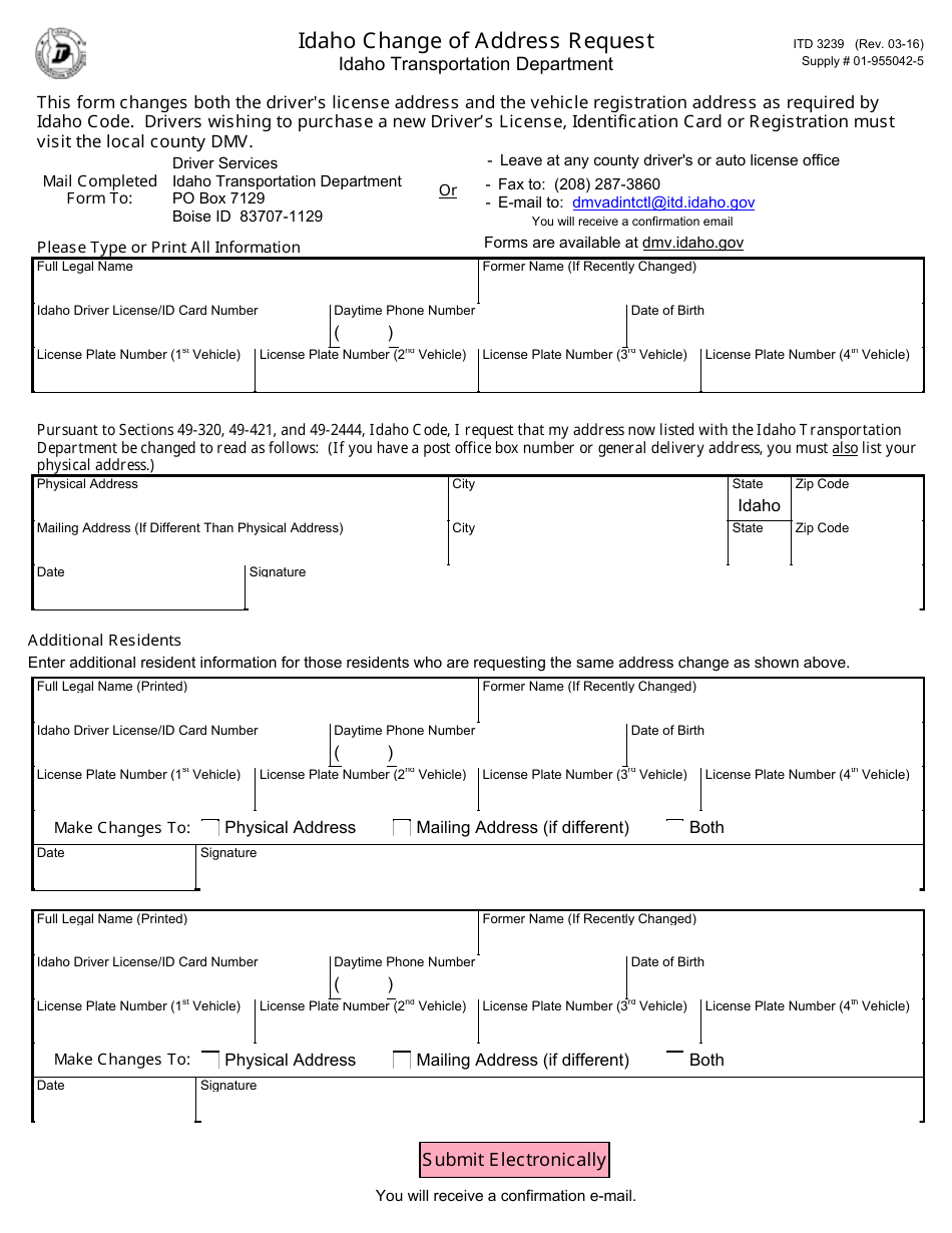 Form ITD3239 Change of Address Request - Idaho, Page 1