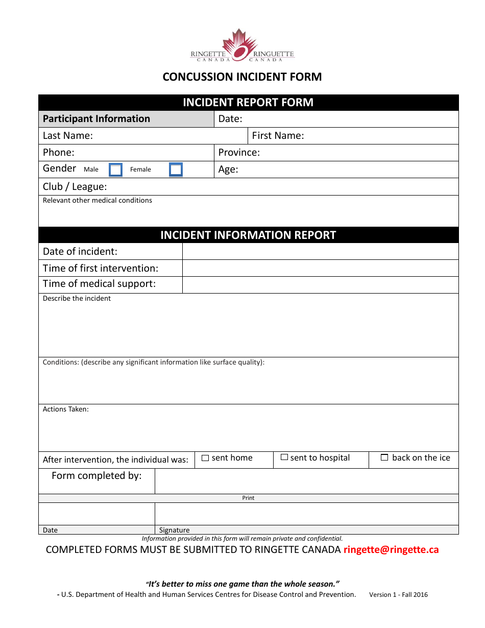 Canada Concussion Incident Report Form - Ringette Canada Download Pertaining To Intervention Report Template