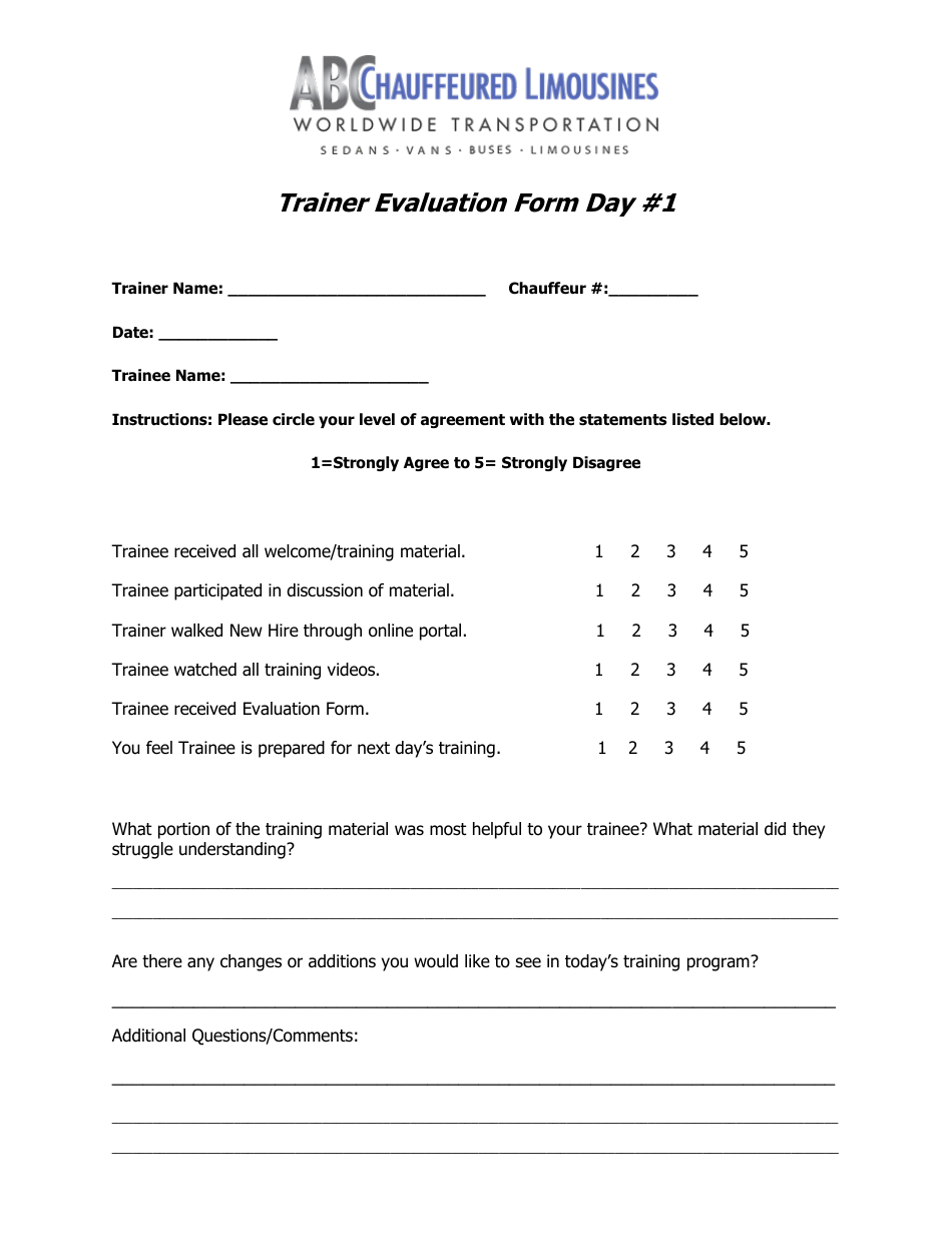 Trainer Evaluation Form Day #1 - Abc Worldwide Transportation, Page 1